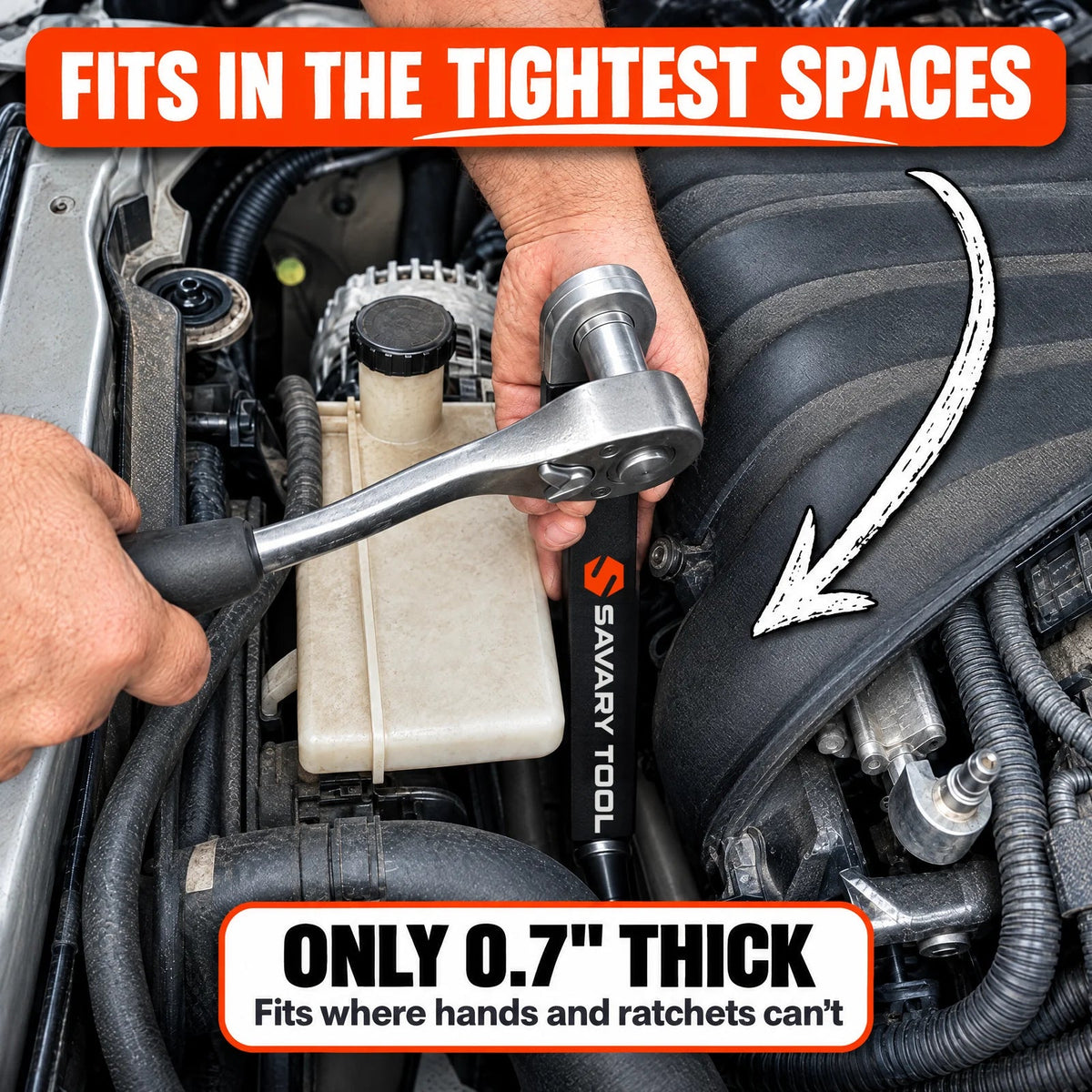 Offset wrench reaching a bolt in a tight engine space