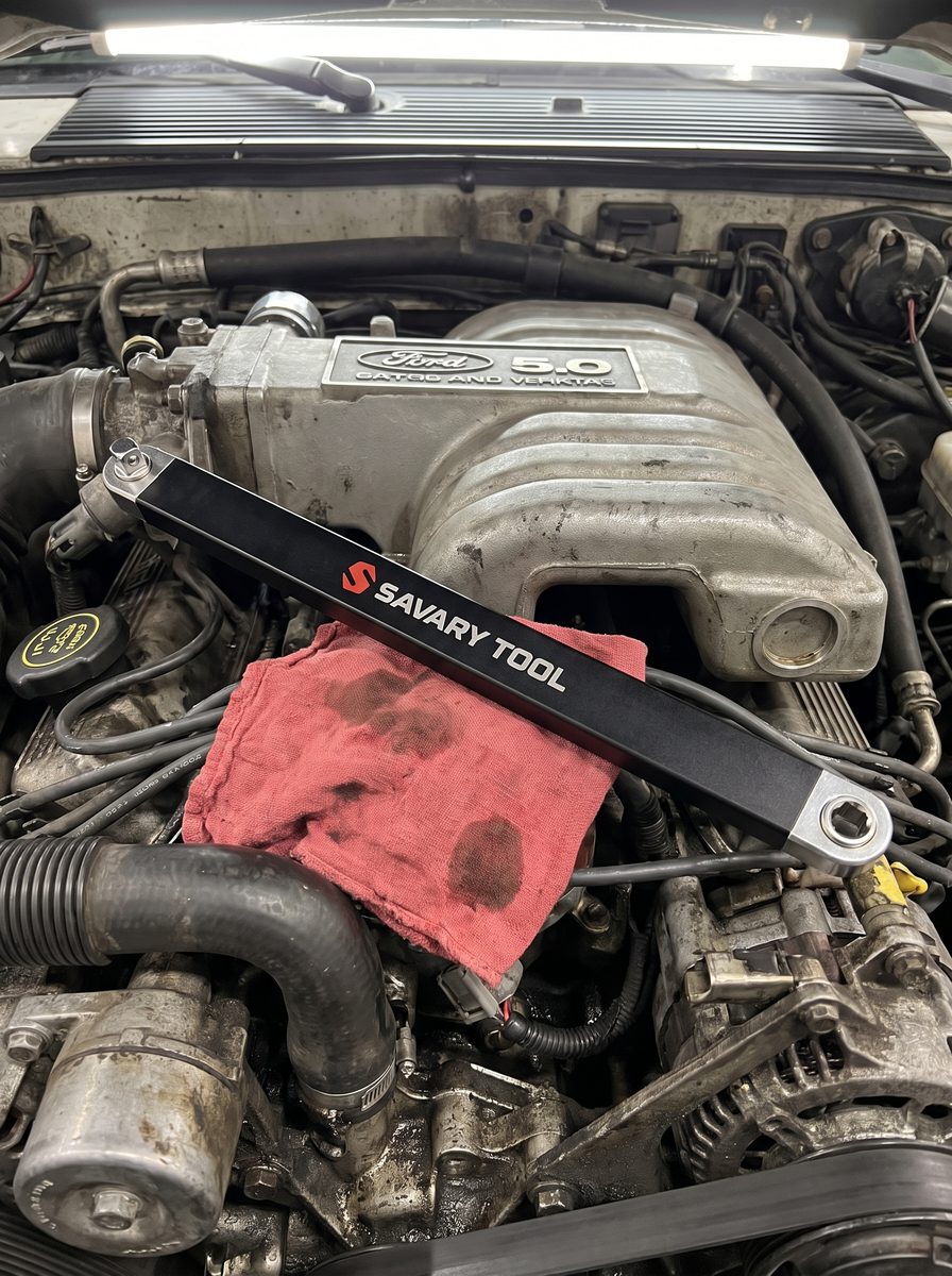Using the offset wrench in an engine bay